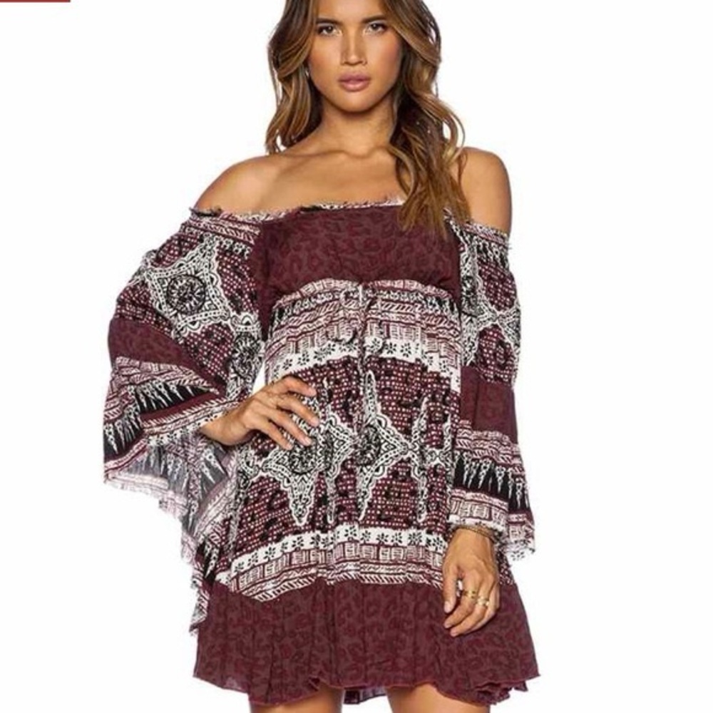 Free People Heart of Gold Dress, Mini, Distressed, Burgundy, Boho Print, Medium